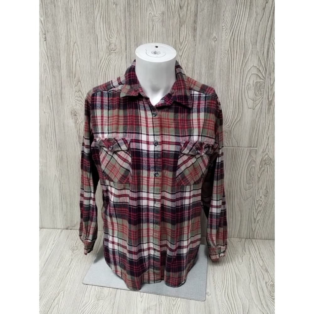 ROUTE 66 WOMENS RED PLAID FLANNEL LONG SLEEVE SHIRT LARGE Pockets Casual‎